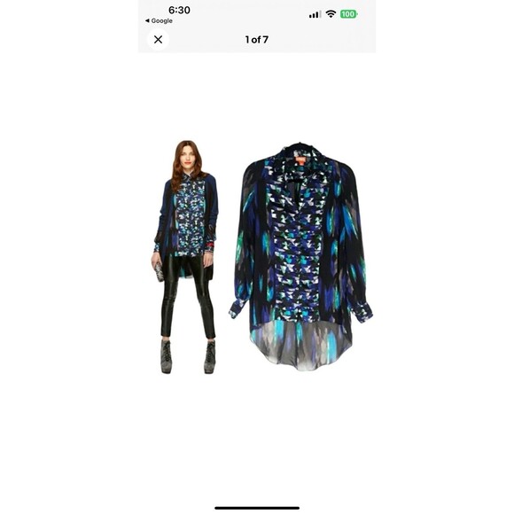 KIRNA ZABETE Blue Black Hi Low Ruffle Multi Print Top Small Tunic Artsy Art - Picture 1 of 9